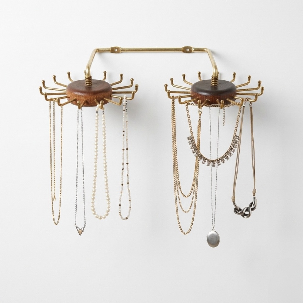 Vintage MCM Brass Wood Spinning Sputnik Vibe Tie Belt Rack Jewelry Organizer